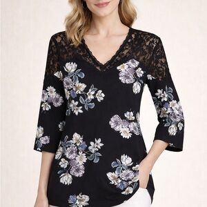 Suzanne Betro Black Floral Lace Tunic Top  Women’s XL V Neck 3/4 Bell Sleeves